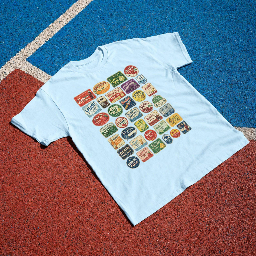 Retro Soda Labels T Shirt Light Blue